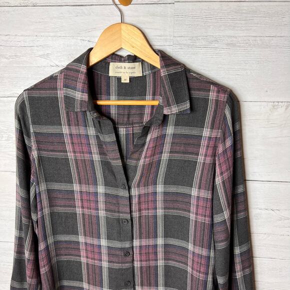 Anthropologie Cloth & Stone Top Womens Size Medium Gray & Pink Plaid Flannel - Picture 9 of 16